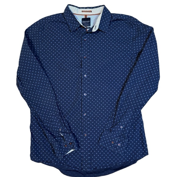 Denim & Flower Button Up Shirt Men's M Slim Fit Blue with Blue Anchor Pattern - Picture 1 of 8